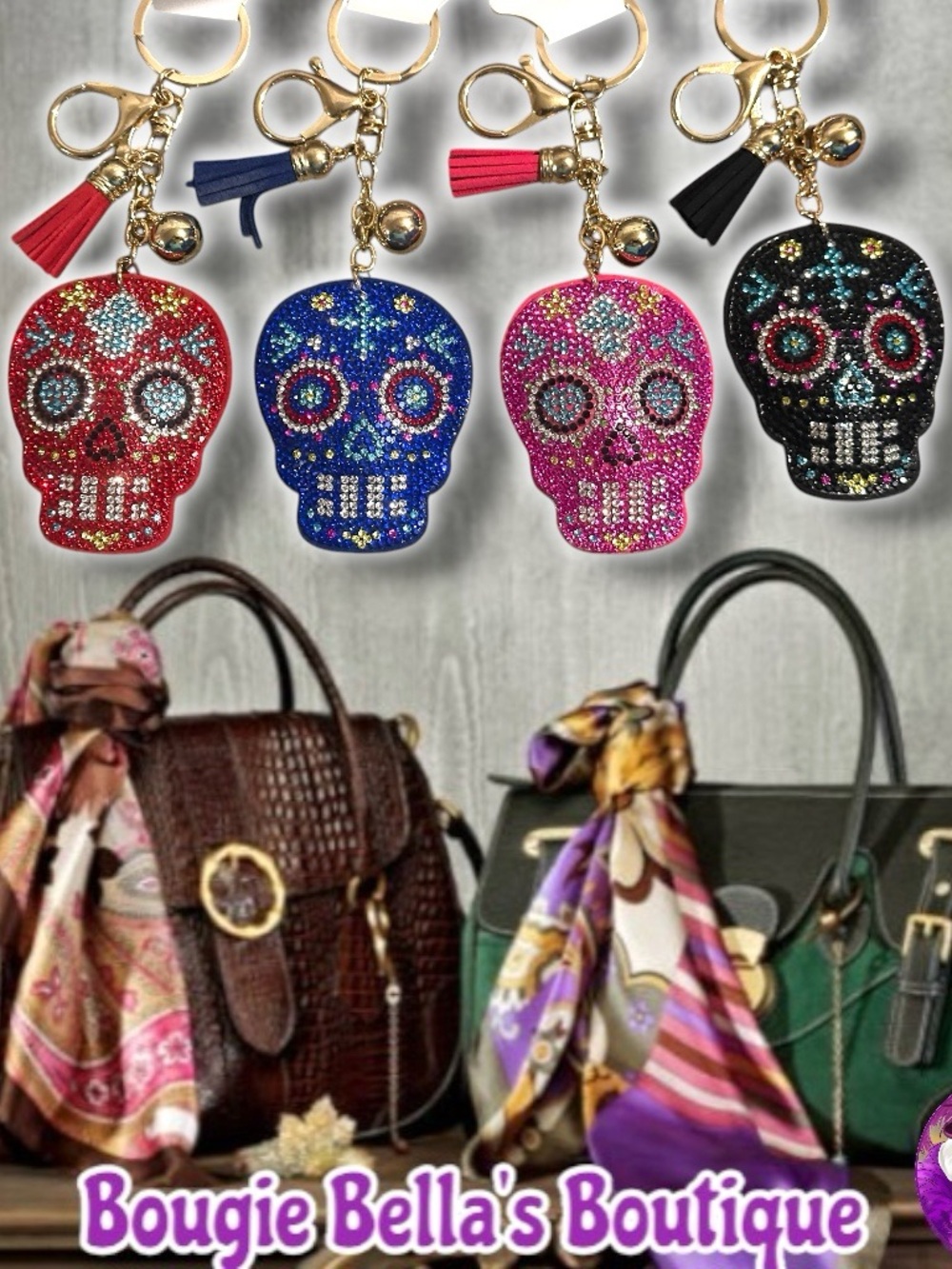 Embellished Crystal Sugar Skull Keychain Bag Charm - Black, Pink, Blue, Red